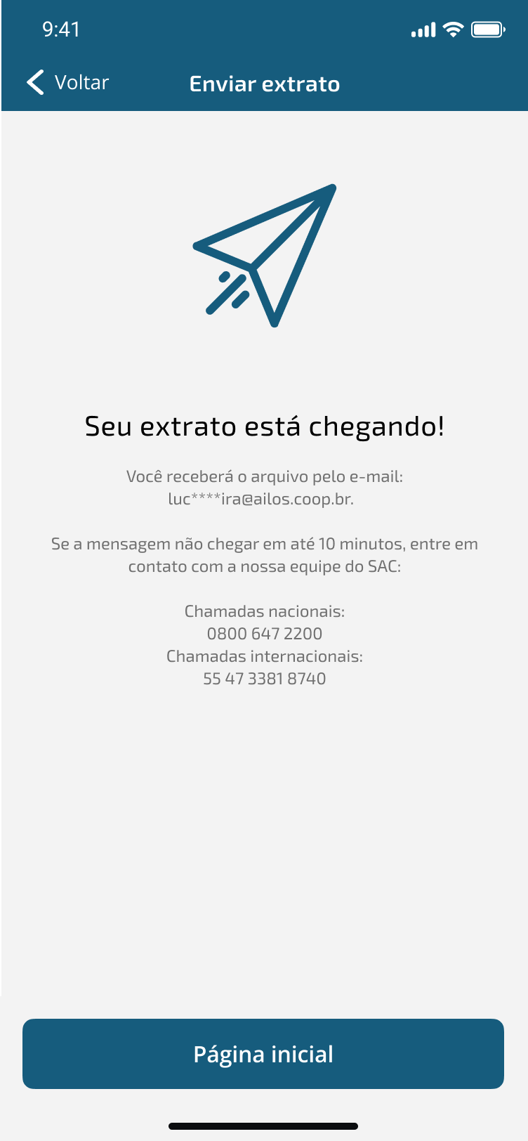 Tela de confirmação de envio do extrato por e-mail