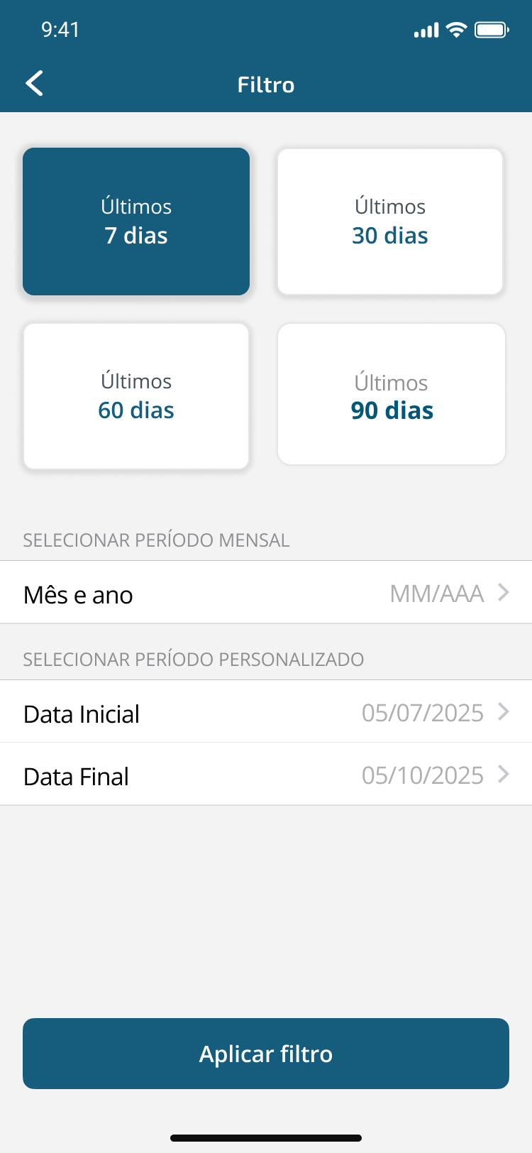 Tela de filtro por período do extrato