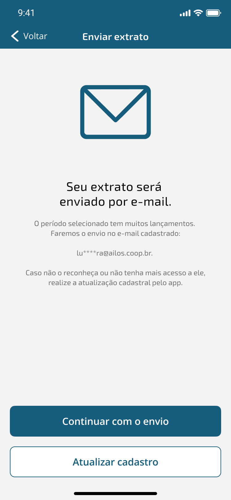 Tela informando envio do extrato por e-mail
