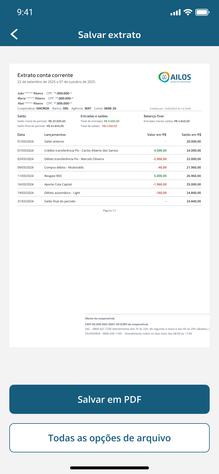 Tela de salvar extrato em PDF ou outros formatos