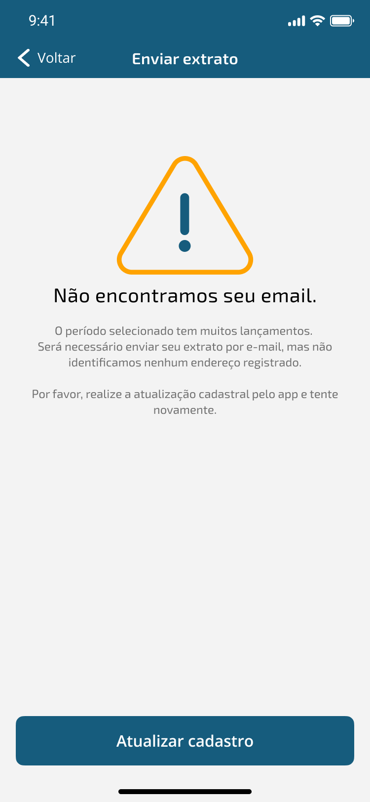 Tela de erro: e-mail não encontrado para envio do extrato