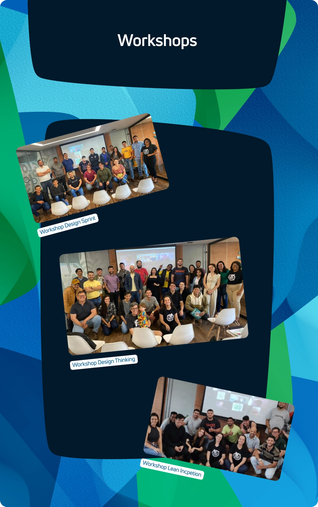 Registros dos workshops de Design Thinking, Design Sprint e Lean Inception