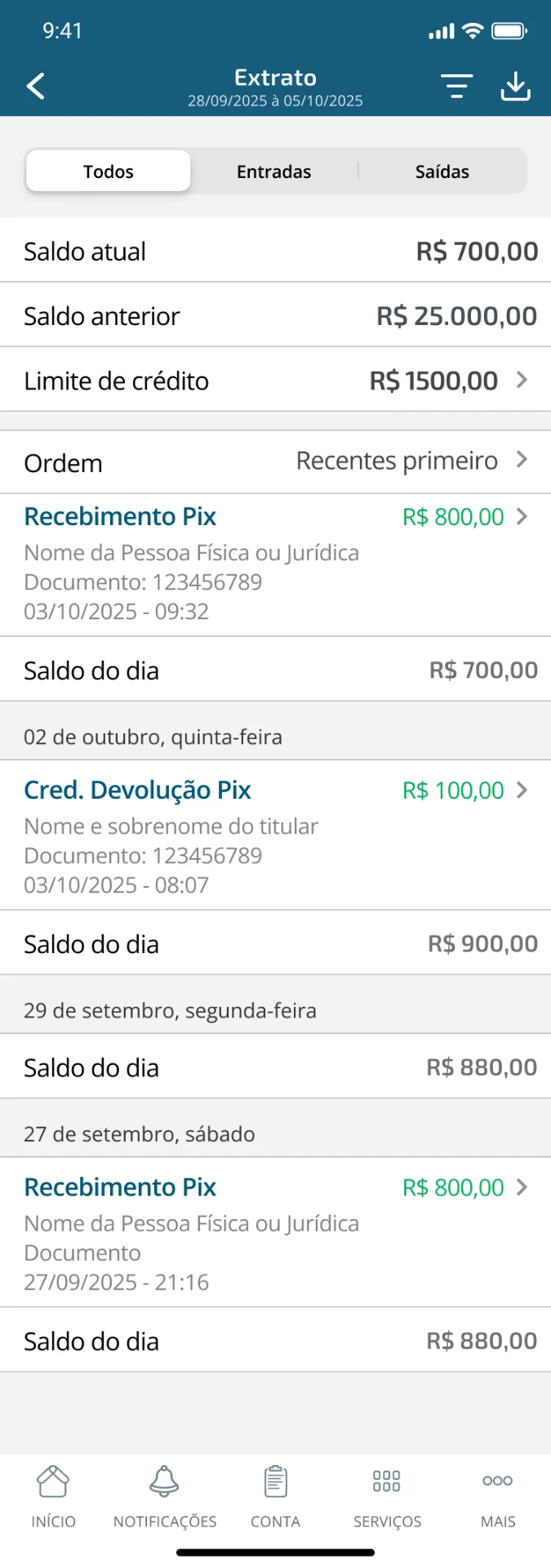 Tela de extrato com abas Todos, Entradas e Saídas e saldo do dia